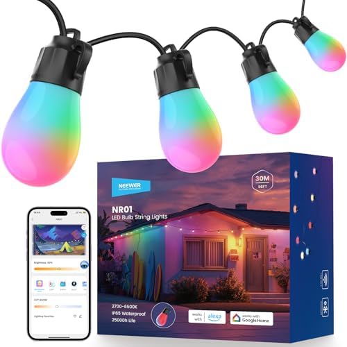 NEEWER NR01 96ft Outdoor String Lights, App Control Smart AI RGBW Lighting by Neewer