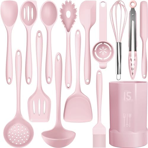 AOTHOD Silicone Cooking Utensils Set - 446°F Heat Resistant Kitchen Utensils, Spatula,Turner Tongs,Spoon,Whisk,Kitchen Utensil Gadgets Tools Set for Nonstick Cookware,Dishwasher Safe BPA Free(Pink) by Safeandsuitableforuse