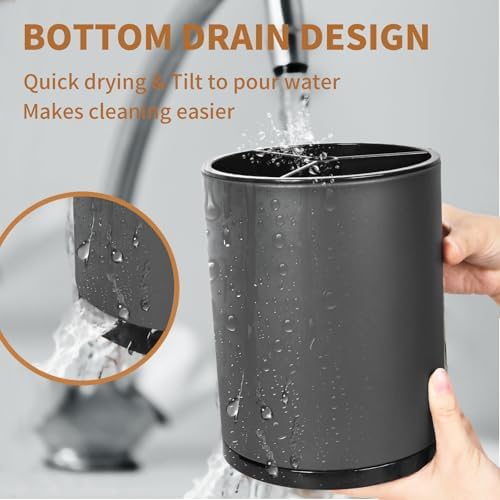 Nigelia Extra Large Kitchen Utensil Holder - 360° Rotating Stainless Steel Cooking Utensil Holder for Countertop, 3 Compartment Flatware Organizer & Utensil Caddy with Removable Base（Grey） - Image 5