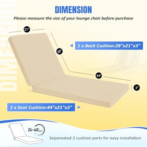 Basic Beyond Chaise Lounge Cushions Outdoor, 3-Layer Waterproof Outdoor Furniture Cushions with Removable Cover and 4 Ties, 72"x21"x3" Patio Lounge Chair Cushions for Outdoor Furniture, Beige - Image 4