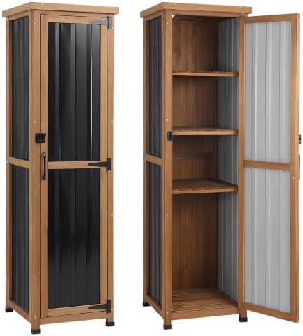 62" H Tall Narrow Outdoor Storage Cabinet with Metal Top, Outdoor Shed Storage Unit Waterproof with Adjustable Shelves for Garden, Patio, Living Room, or Entryway Storage, Black by PETSCOSSET
