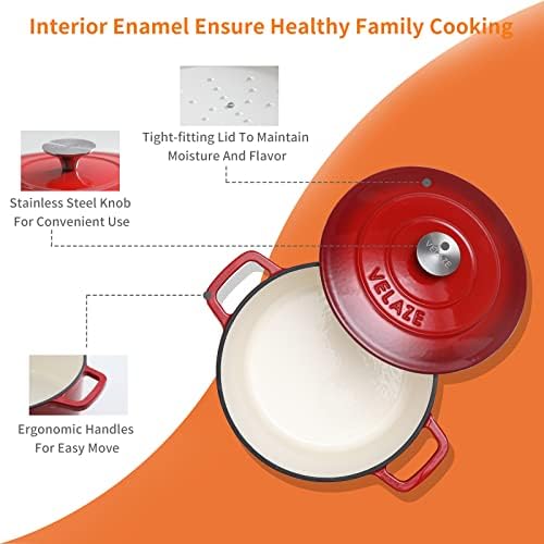 Velaze 6 QT Enameled Cast Iron Dutch Oven Pot with Lid, Red - Image 3