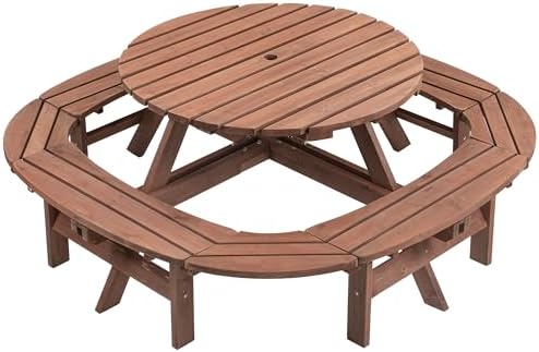 43.3'' Round Outdoor Dining Table Wooden Patio Dining Table & 1 Built-in Ring Stool for 10, 2" Umbrella Hole, Suitable for Backyard Garden Porch, Brown - Image 6