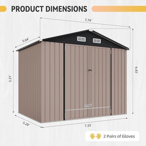 Aoxun 8'x6' Metal Storage Shed with Floor & 2 Magnetic Sensor Lights Brown - Image 4