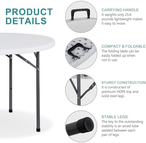 SUPER DEAL 4 Foot Round Folding Card Table, 48" Indoor Outdoor Portable Plastic Kitchen or Camping Picnic Party Wedding Event Table, White - Image 4