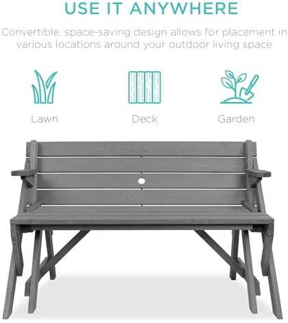 Best Choice Products 2-in-1 Transforming Interchangeable Outdoor Wooden Picnic Table Garden Bench for Backyard, Porch, Patio, Deck w/Umbrella Hole - Gray - Image 4