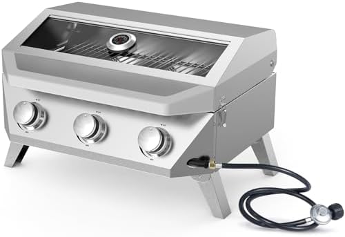 BESTFIRE 3-Burner Tabletop Gas Grill with Viewing Glass, 30,000 BTU Stainless Steel Portable Propane BBQ Grill with Thermometer, Professional Outdoor Cooking for Patio, Camping, RV and Tailgating by GrillsOutdoorCooking