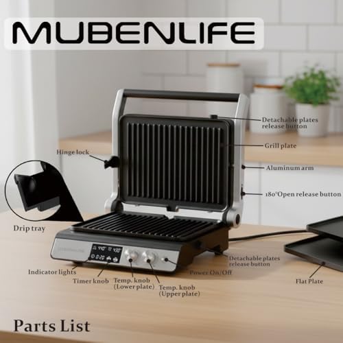 Panini Press,4 Slices Contact Grill with Removable Non-Stick Coated Grill and Flat Plates,Panini Makers with Temperature Control and Timer,Open 180 Degrees,Grill and Griddle (Silver with digital) - Image 6
