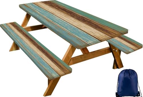 CAPSCEOLL Picnic Table Cover with Bench Covers 6ft - Blue Brown Wood by CAPSCEOLL