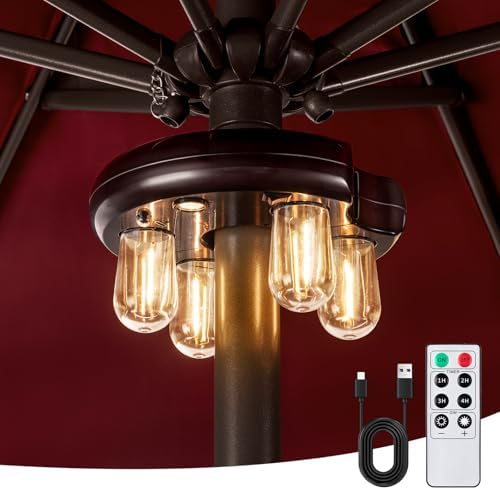 Patio Umbrella Light with Remote Control, Rechargeable Cordless LED Edison Bulbs Pole Light with 10 Brightness Levels for Garden, Patio, Backyard, Camping or BBQ - Brown (1 Pack) by OPOIRA