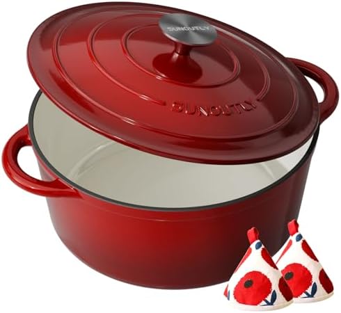 Enameled Cast Iron Dutch Oven, 4.5QT Pot with Lid, Cherry Red by SUNOUTLY