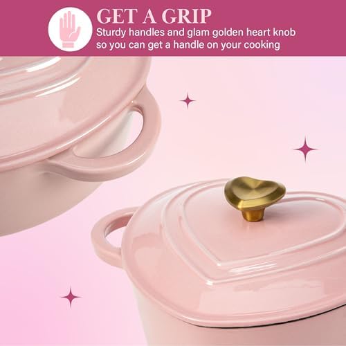 Paris Hilton Enameled Cast Iron Dutch Oven Pot with Lid, Heart-Shaped Dutch Oven, Durable Cast Iron Pot with Dual Handles, Oven Safe to 500°F, Works on All Stovetops, 4-Quart, Pink - Image 4