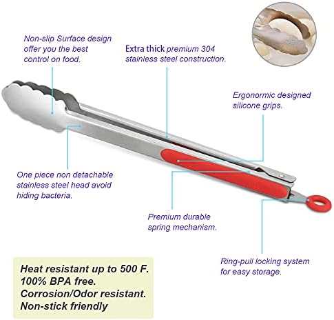 304 Stainless Steel Kitchen Cooking Tongs, 14 & 16 Inch, Set of 2, Red - Image 5