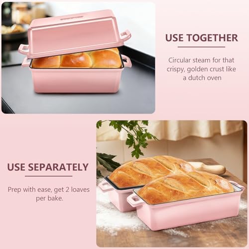 Wildone Enameled Cast Iron Bread Loaf Pan with Lid, 9x5 Sourdough Baking Pans for Homemade Bread, Cake, Meatloaf, Even Heating Bread Pans, 2-Piece Set, Pink - Image 3