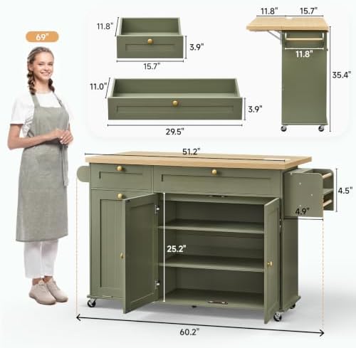 ONBRILL 60" Kitchen Island with Trash Can Storage, Rolling Island Table - Image 2