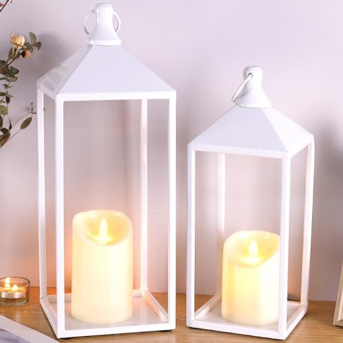White Decorative Lantern Decor 17" 13" Set of 2 Wedding Lantern with Candle by MATAHUMbeyourbetterchoice