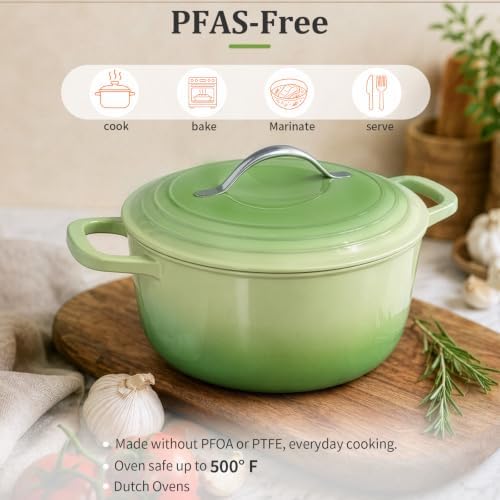 Winado 7.5 Qt Enameled Cast Iron Dutch Oven Pot with Lid, Green Ombre - Image 5