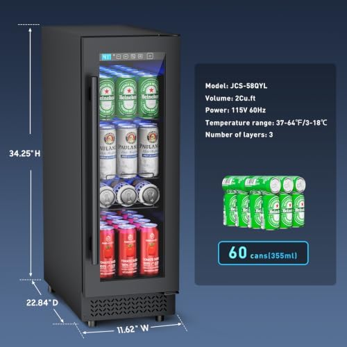12 Inch Beverage Refrigerator, 60 Can Under Counter Beverage Fridge with Glass Door Built-in or Freestanding, Drink Fridge for Soda Beer Wine-Kitchen Bar Office - Image 4