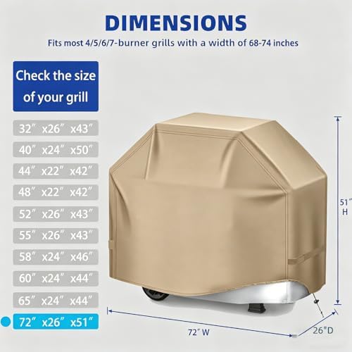 BBQ Gas Grill Cover for Outdoor, Anti-UV, Rip-Proof, 600D Oxford Fade Resistant Material, Barbecue Cover with Hook and Loop Straps & Adjustable Hem Drawstring (Beige, 72”x26”x51”) - Image 2