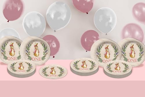 Peter Rabbit Girl's Pink First Birthday - 32 Piece Disposable Party Supplies - Decorations for Bunny 1st Birthday Round Party Plates - Large 9" Paper Plates In Bulk - Image 6