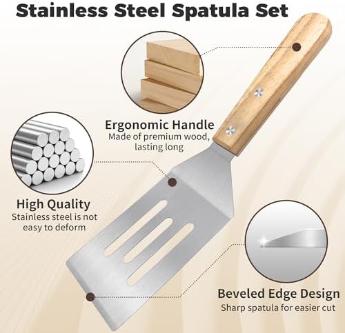 2PCS Stainless Steel Spatula,Wooden Handle Metal Spatula for Steak,Burgers - Image 3
