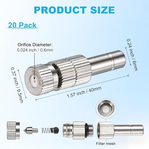 M METERXITY 20-Pack Brass Misting Nozzles, 0.024"/0.6mm Orifice Mister Replacement Heads with Filter Mesh for Cooling System/Landscaping/Humidification, 6mm Low-Pressure Fog Sprayer Nozzle - Image 3