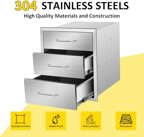 Outdoor Kitchen Drawers 18" W x 21" H x 21" D Flush Mount Triple BBQ Drawers with Chrome Handle Stainless Steel Drawer for Outdoor Kitchen Island, Patio Grill Station - Image 3