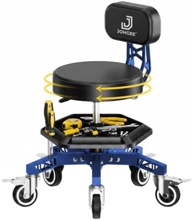 Robust Steel Rolling Shop Stool with Wheels, Mechanic Stool Seat by Johgee