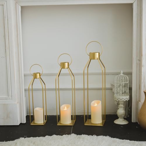 HPC DECOR Modern Farmhouse Lantern Decor- 22''19''16''Tall Large Gold Metal Candle Lanterns for Home Decor-Lanterns Decorative w/Timer Flickering Candles for Living Room,Outdoor,Fireplace Mantle Decor - Image 5