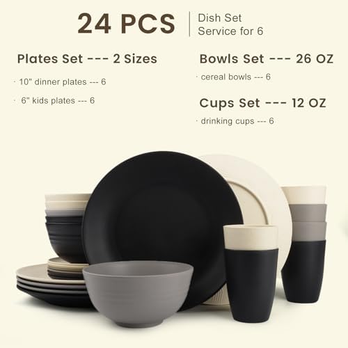 Homienly Wheat Straw Plates and Bowls Set, Lightweight & Unbreakable Dinnerware Set for Kitchen, Parties, Holidays, Microwave and Dishwasher Safe Dish Set - Plate Sets, Bowls, Cups, 24pcs (Grey Stone) - Image 2