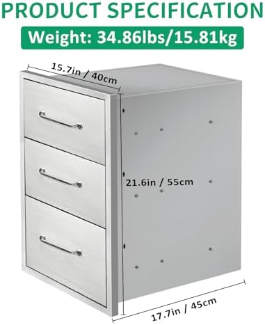 Outdoor Kitchen Drawers 15.7" W x 21.6" H x 17.7" D Stainless Steel Triple Drawers with Ergonomic Handle for BBQ Island, Patio Grill Station & Outdoor Kitchen Cabinets - Image 2
