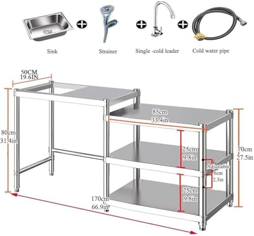 Stainless Steel Kitchen Prep Table with Sink, 3-Tier Multi-functional Washing Hand Basin Station, Utility Free-standing Work Table & Storage Shelves for Backyard BBQ, Garage, Garden - Image 7