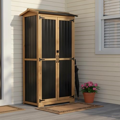 Outdoor Storage Cabinet Weather-Resistant, Wood & Metal Storage Shed with 3 Removable Shelves, Waterproof Roof, Adjustable Feet, Patio Storage Cabinet Outside for Garden Garage Backyard Pool - Image 2
