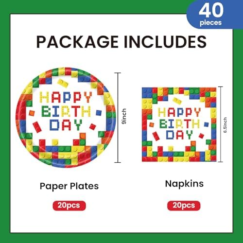 40Pcs Building Block Plates and Napkins Party Supplies, Disposable Colorful Building Block Birthday Party Plates Napkins Tableware Set for Boys Birthday Party Decorations Serve 20 (Building Block) - Image 2