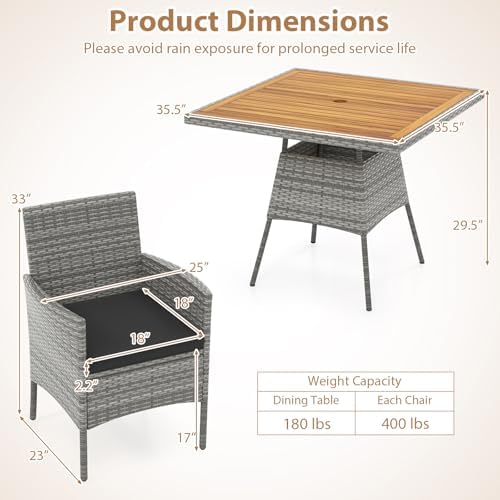 HAPPYGRILL 5 Pieces PE Wicker Patio Dining Set with Table and Chairs with Cushions, Outdoor Patio Furniture Set for Deck, Garden and Backyard (Grey Black & Wood) - Image 7