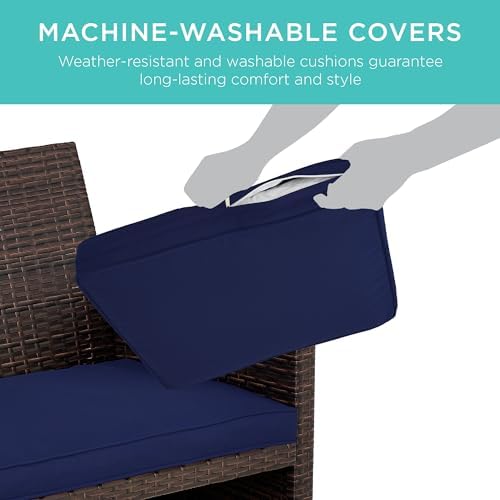 Best Choice Products 4-Piece Outdoor Wicker Patio Conversation Furniture Set for Backyard w/Coffee Table, Seat Cushions - Brown/Navy - Image 5