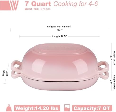 VORRINGARD Enameled Cast Iron Sourdough Bread Oven, Dutch Oven, Loaf Cast Iron Bread Pan for Homemade Bread Baking, Meatloaf Pan with Lid, 7QT, Pink - Image 2