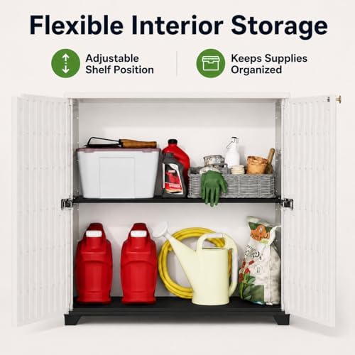 ADDOK Outdoor Storage Cabinet,60 Gallon Waterproof Resin Patio Storage Cabinet with 2 Adjustable Metal Shelf, Upright Outdoor Cabinet for Garden Tools, Pool Supplies, Toys, Porch and Garage - Image 5