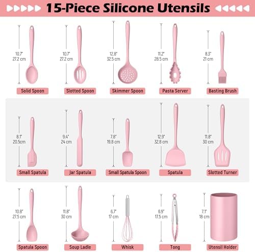 Homikit 15-Piece Kitchen Utensil Set, Pink Silicone Utensils with Holder - Image 2