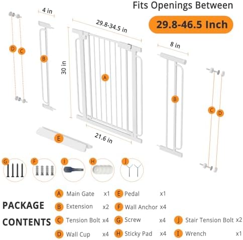 Baby Gate for Stairs 29.8-46.5 Inch Pressure Mounted, Auto Close Child Baby Gates for Doorways No Drill, Walk Through Dog Gate Indoor for The House, White - Image 2
