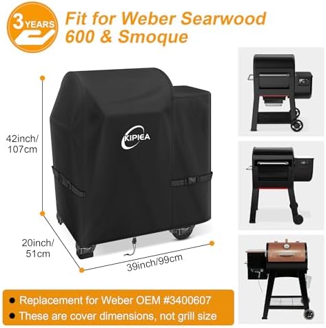 Kipiea 600D Pellet Grill Cover for Weber Searwood 600 & Smoque, Waterproof BBQ Smoker Cover, UV Resistant, No Tear, No Fading - Image 2