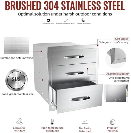 Outdoor Kitchen Drawers Stainless Steel, BBQ Drawer Inserts for Built-in Patio Grill Station, Triple Drawer, 18''W x 21''H x 23''D - Image 3