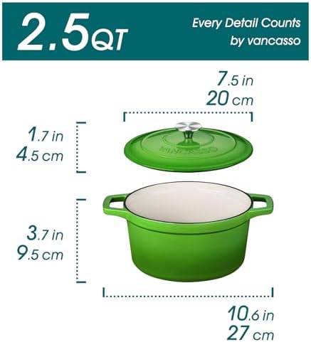 vancasso 2.5 Qt Enameled Cast Iron Dutch Oven with Lid, Green - Image 2