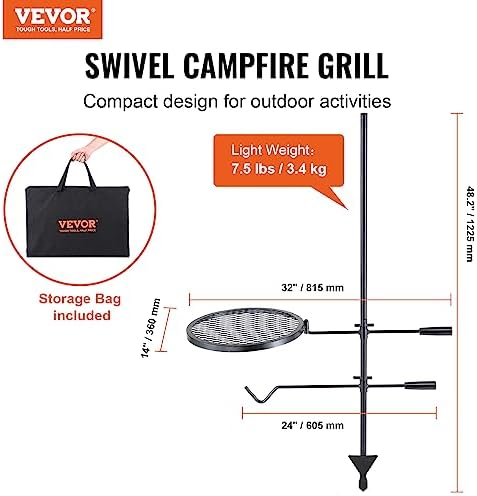 VEVOR Swivel Campfire Grill, Fire Pit Grill Grate over Fire Pits, Heavy Duty Steel Grill Grates, 360° Adjustable Open Fire Outdoor Cooking Equipment, Portable Camp Fire Racks for Camping Outdoor BBQ - Image 2