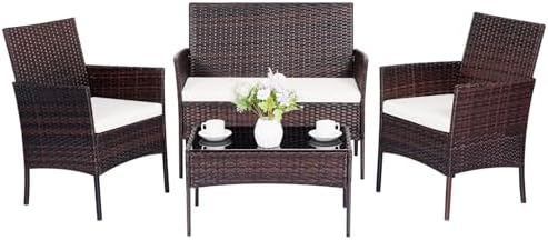 Patio Furniture Set 4 Pieces, Outdoor Rattan Furniture with Tempered Glass Coffee Table, Modern Rattan Patio Chairs Conversation Sets with Sofa for Garden, Terrace, Porch, Lawns Brown/Beige by PAIQIAN