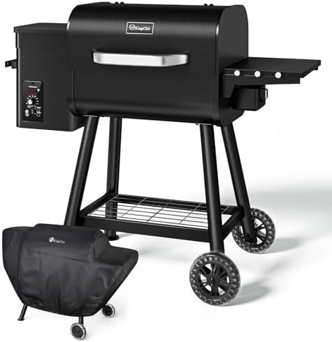 KingChii Electric Wood Pellet Grill & Smoker with Side Shelf, 456 SQ.IN Grill Capacity, 11LB Hopper, with PID Temperature Control (180-425°F) for Backyard Camping Bake and Roast, Black with Cover by KingChii