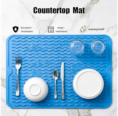 MicoYang Silicone Dish Drying Mat — Quick-Dry Ridges Counter & Sink Pad, Heat-Resistant Trivet to 450°F, Non-Slip & Dishwasher Safe, Roll-Up Storage, 18 Colors & 9 Sizes (Lichen Blue, 16"×12") - Image 3