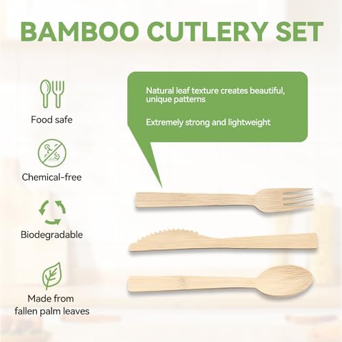 Bamboo Cutlery Set - Wooden Utensils for Eating - Disposable Wooden Cutlery set of 9 (3 Forks 3 Spoons 3 Knives) Bamboo Disposable Utensils - ECO Friendly Compostable Utensil for Party - Image 2