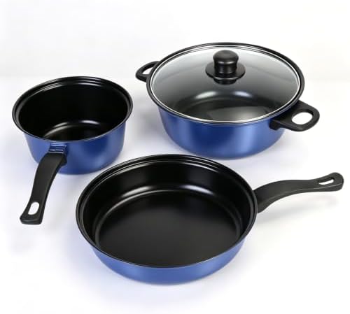 Non-Stick Cookware Set, 4 Piece Set Portable Lightweight Cast Iron Pots and Pans with Glass Lids and Nylon Utensils for Outdoor Camping Picnic Travel Blue - Image 3