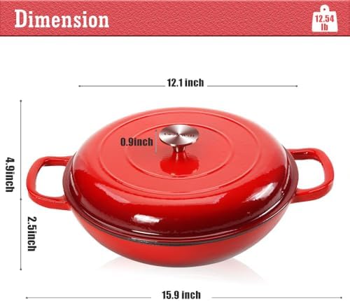 3.8 Quart Enameled Cast Iron Braiser Pan with Lid, Shallow Dutch Oven, Red - Image 5